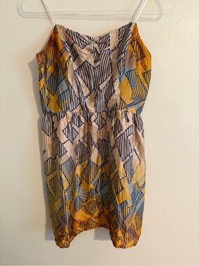 T.L.H. by Hype Dress - Spaghetti Strap Geometric Print in Golds, Creams & Blues